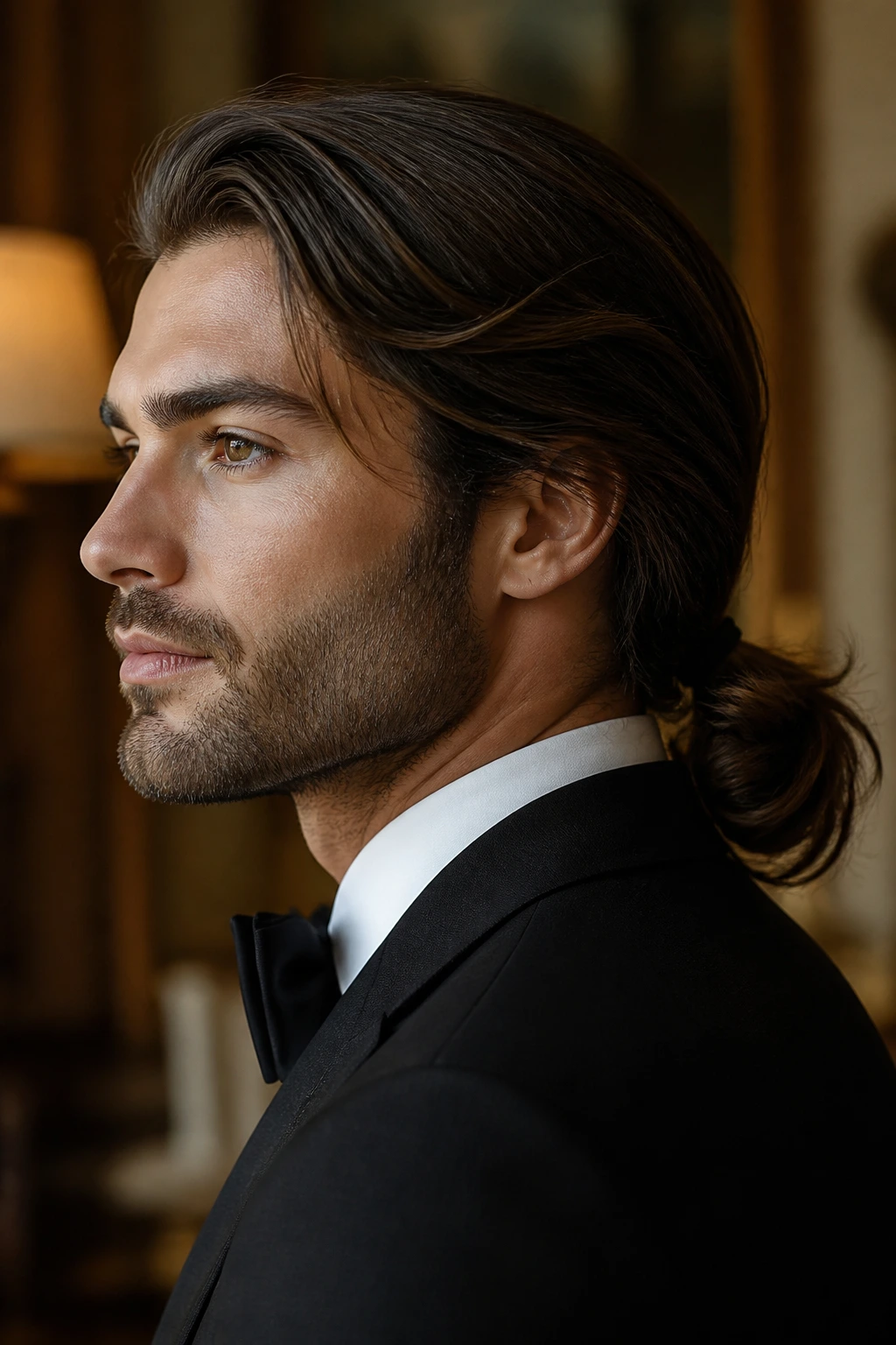 Portrait of a real person with long layers pulled back low at the nape