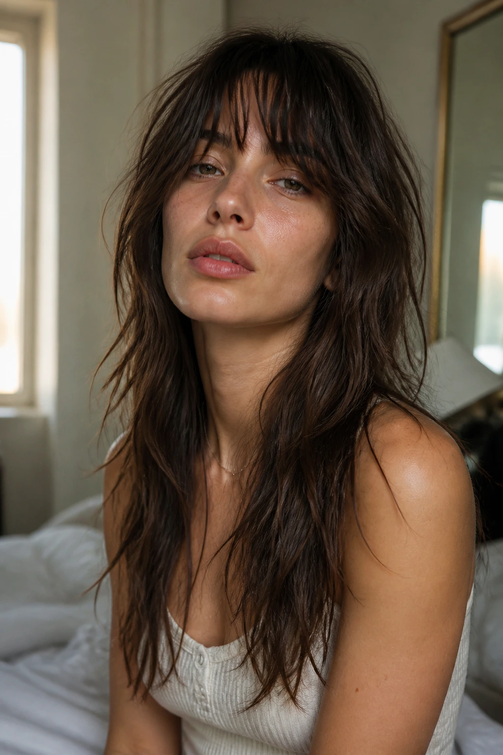 Portrait of a real woman with long, layered shag in natural window light