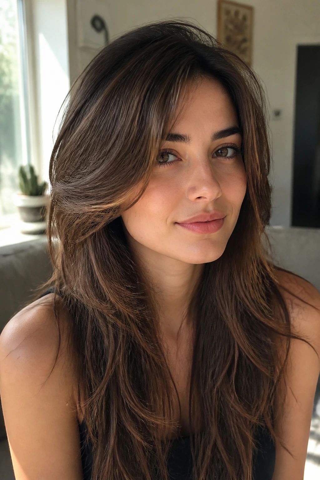 Close-up portrait of a real woman with long hair and face-framing shag layers