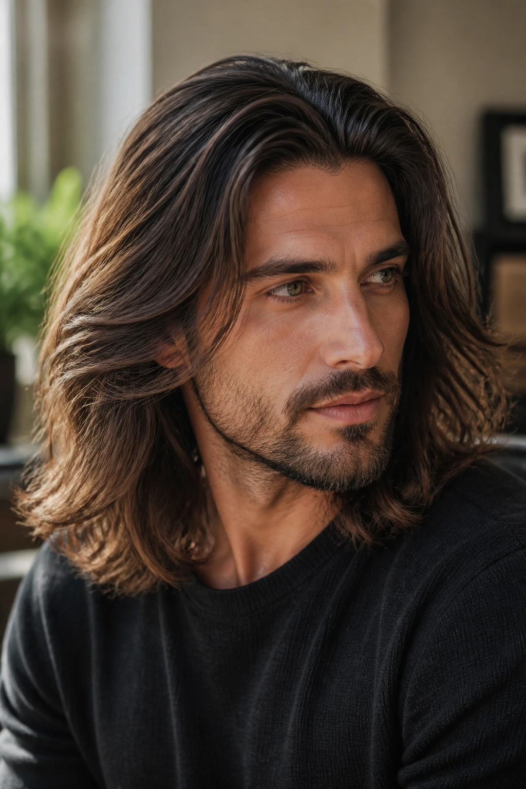 Man with long hair styled into a defined silhouette