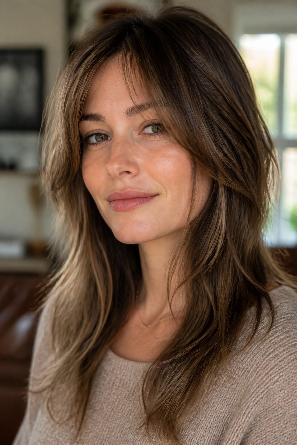 Portrait of a real woman with long choppy hair showing perimeter length and face-framing shape in natural light.