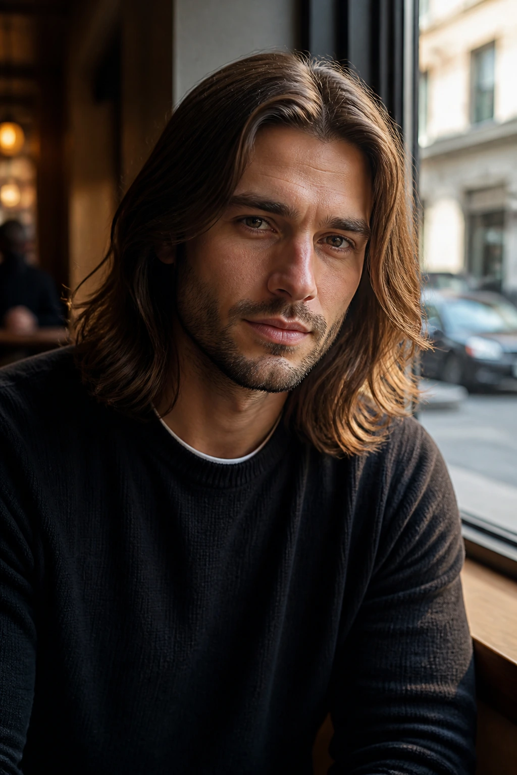 Close-up portrait of a man with shoulder-length shaped hair in a cafe setting