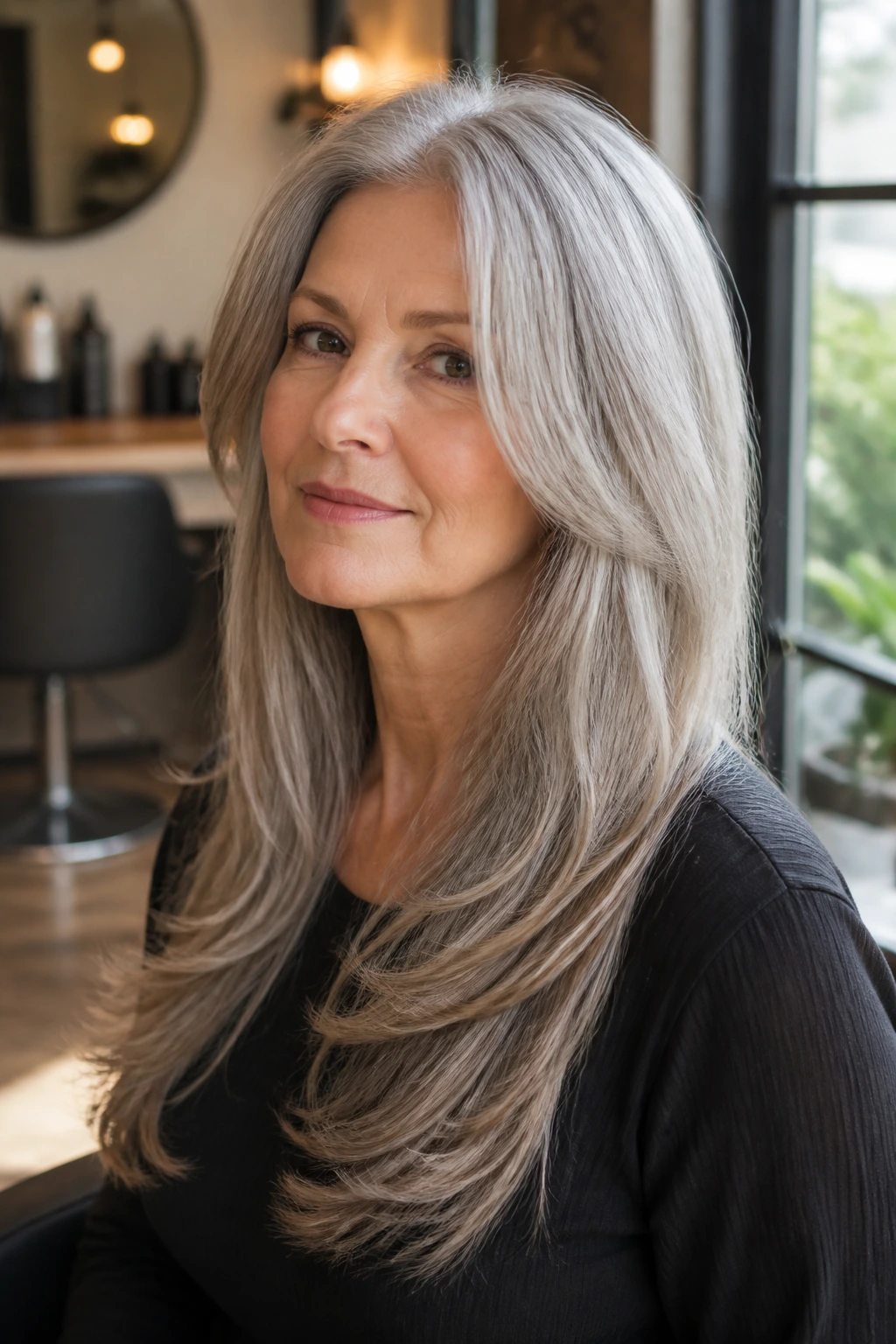 Portrait of a woman with long hair showing density at crown and front-weighted silhouette