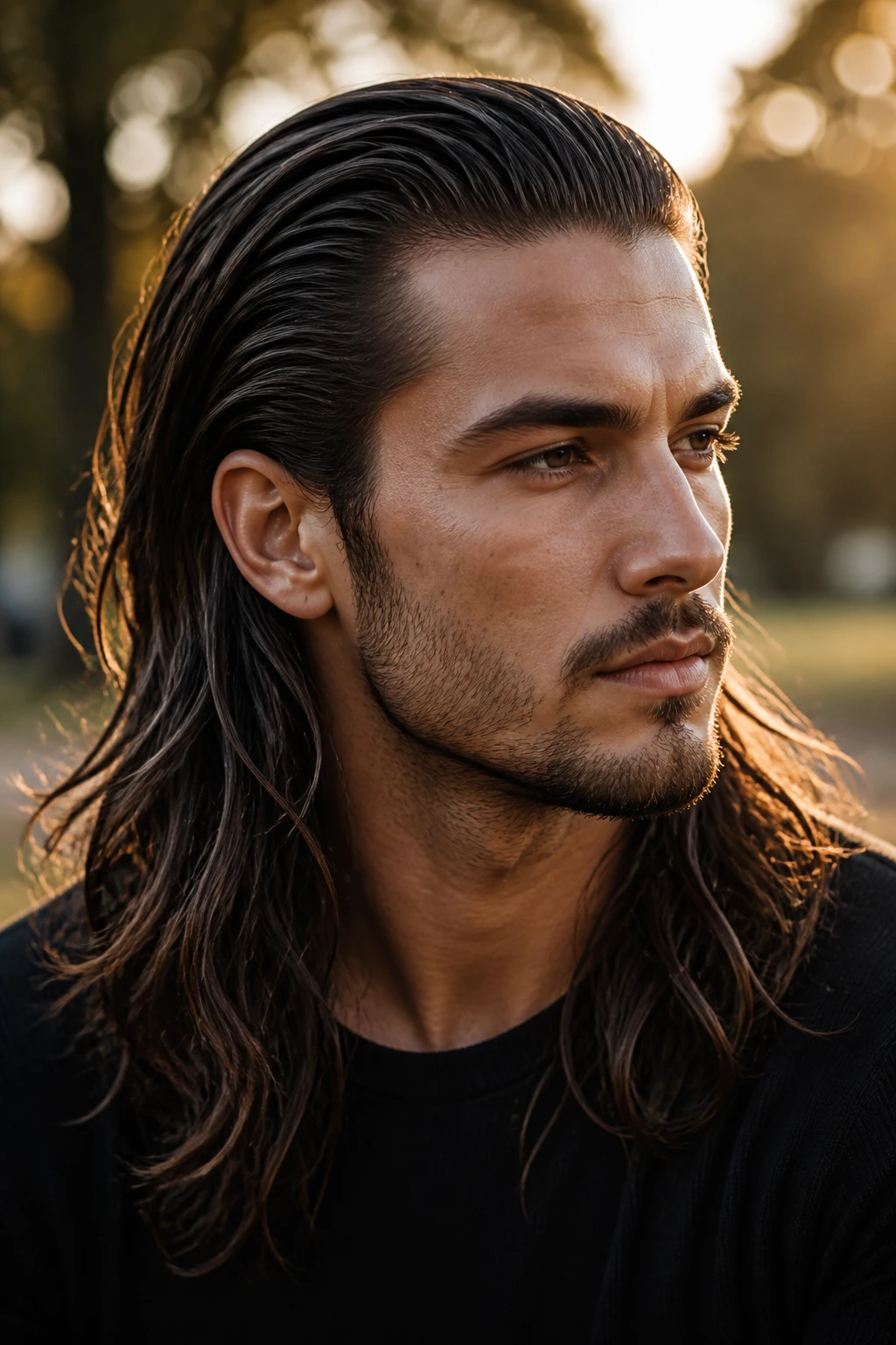 Close-up portrait of a man with long hair slicked back in a park setting