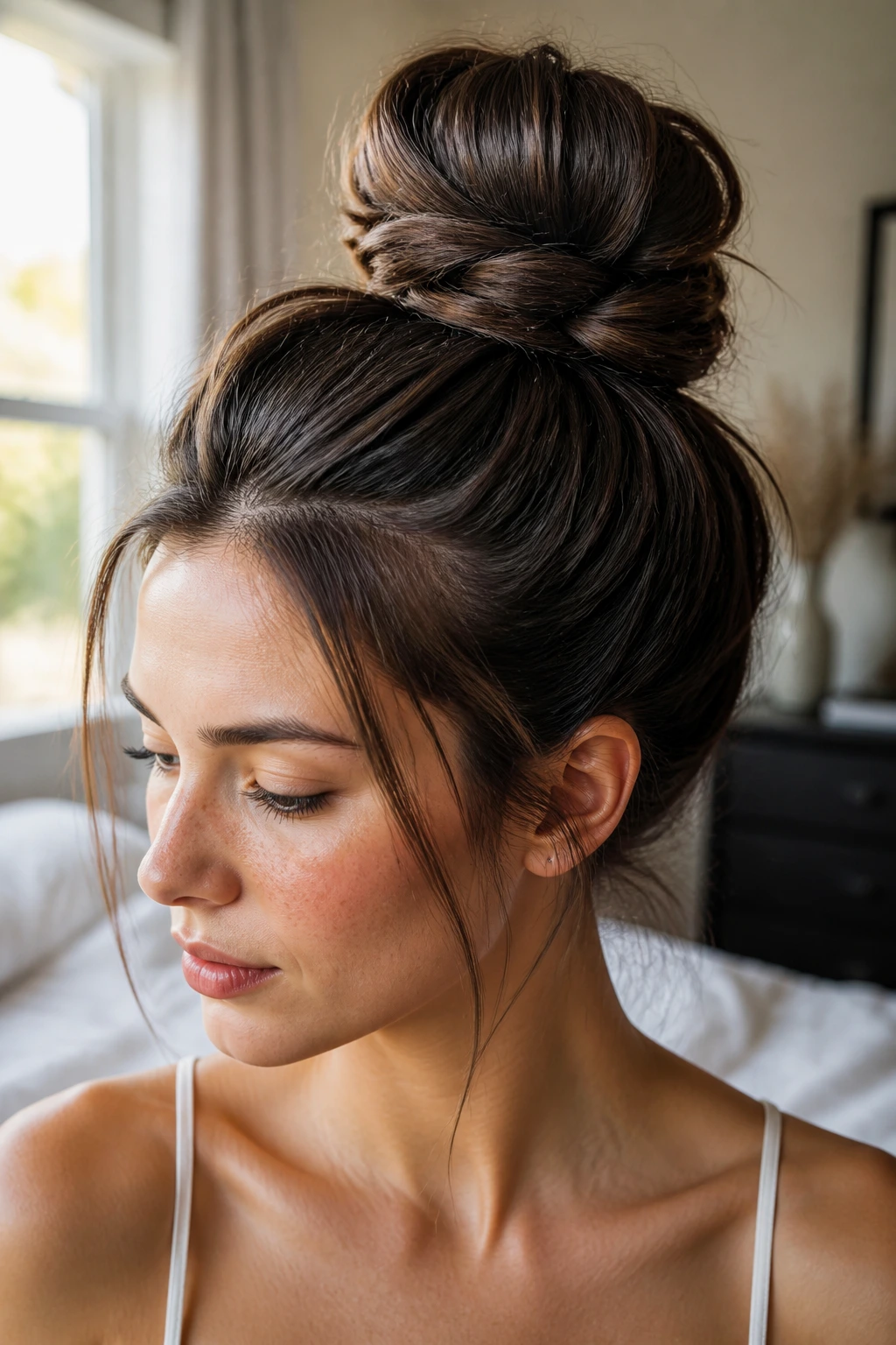 Close-up of long hair styled into a high structured bun showing leverage and textured roots