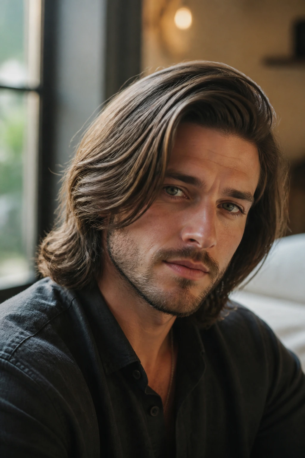 Real man with shoulder-length hair styled in a clean side part.