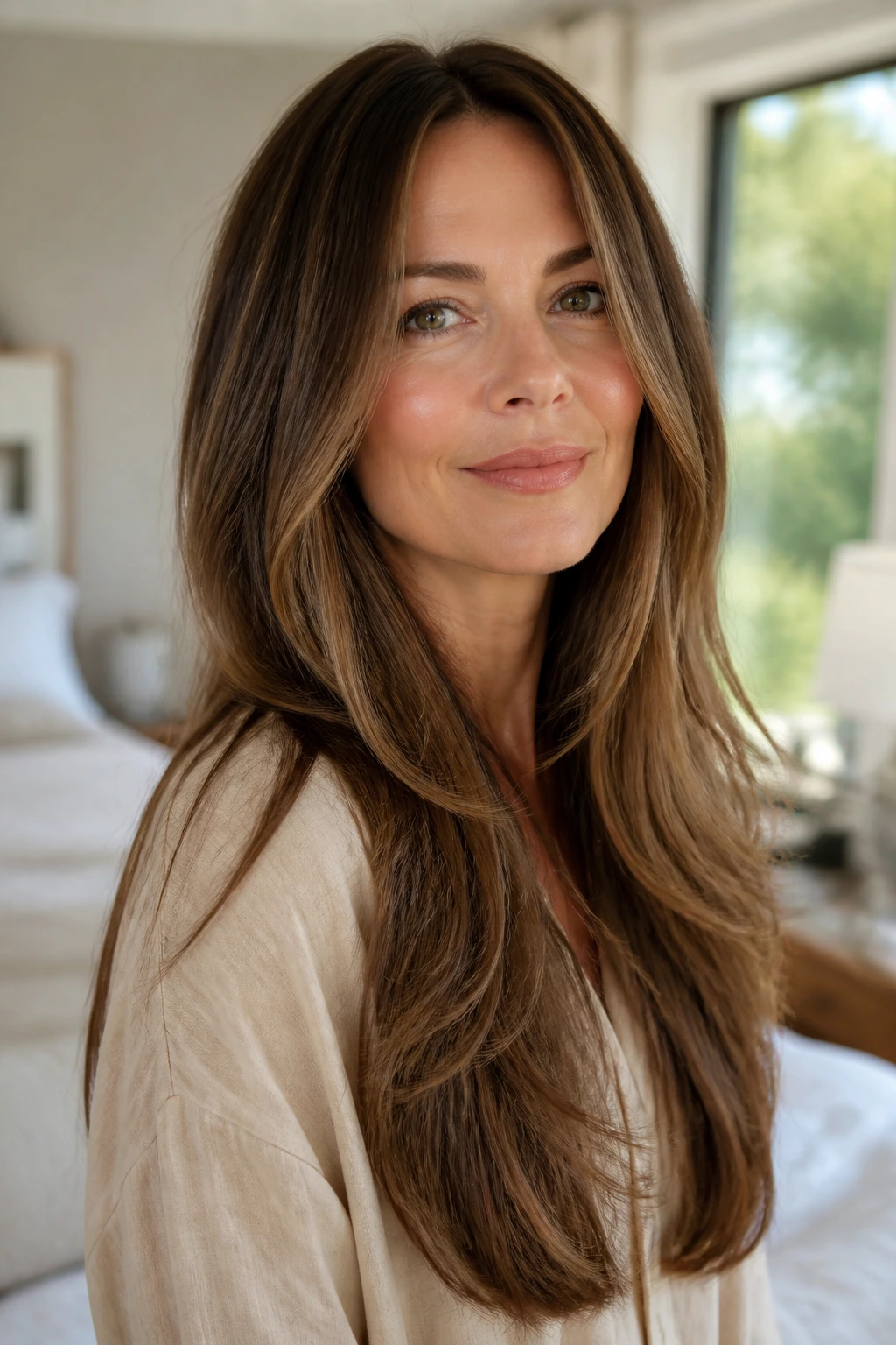 Close-up portrait of a real woman with long, polished hair in natural window light