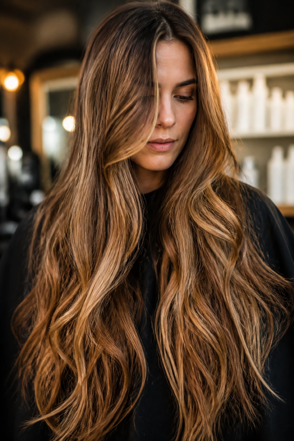 Close-up of a person with very long hair showing weight distribution for styling.