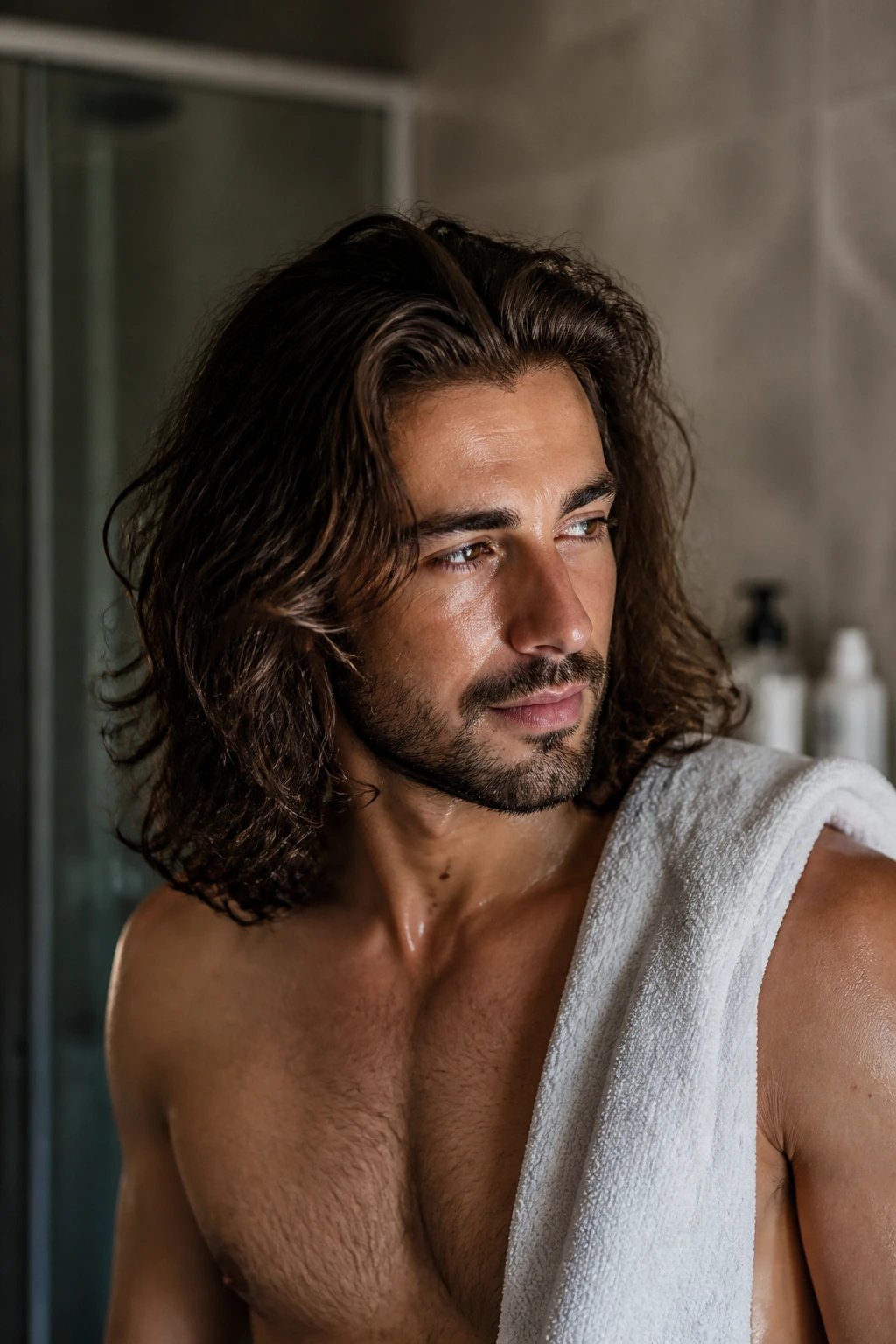 Portrait of a man with long hair styled for volume in a softly lit bathroom