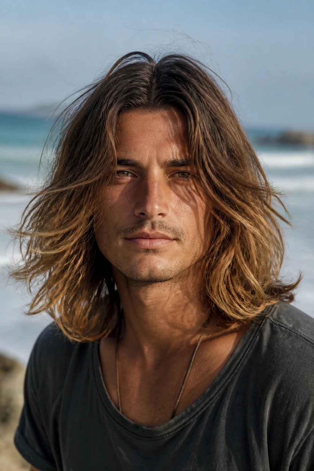 Portrait of a man with long surfer layers and a center part outdoors at the beach