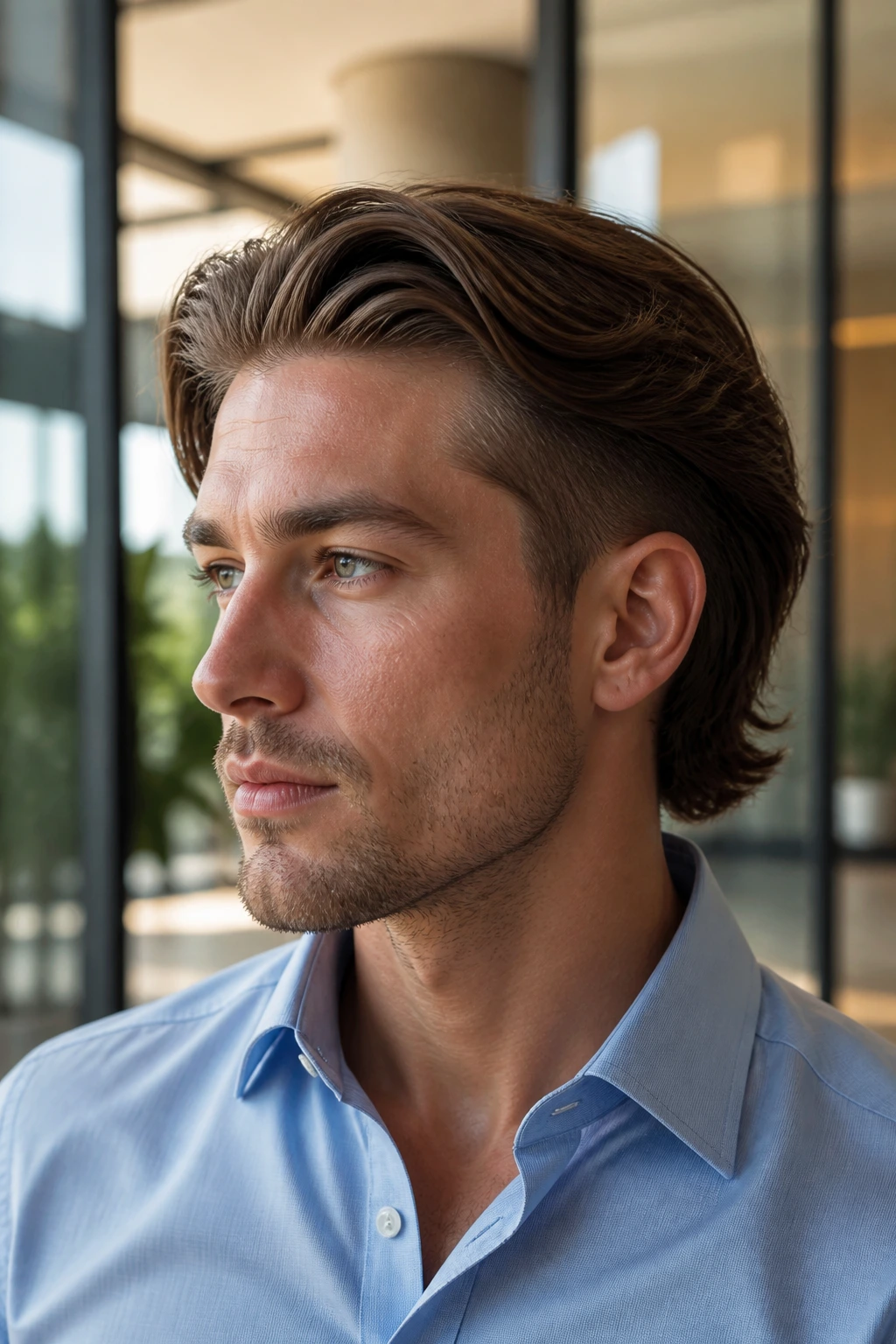 Portrait of a man with long hair on top and tapered sides in a professional office setting