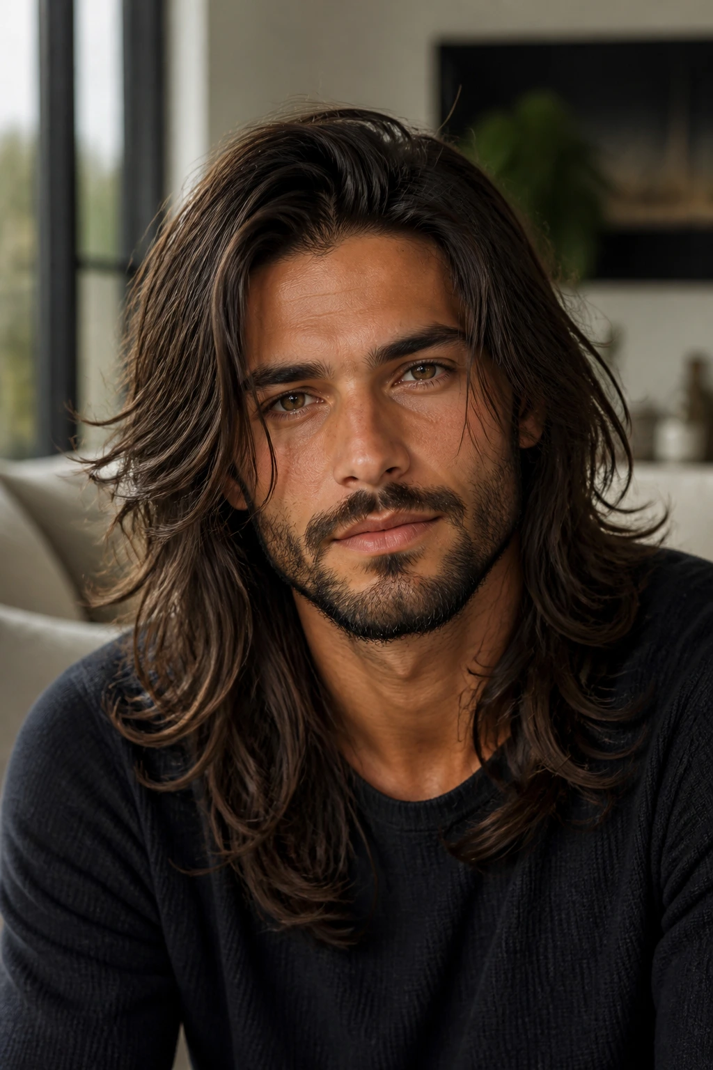 Real man with long textured hair in a bright living room