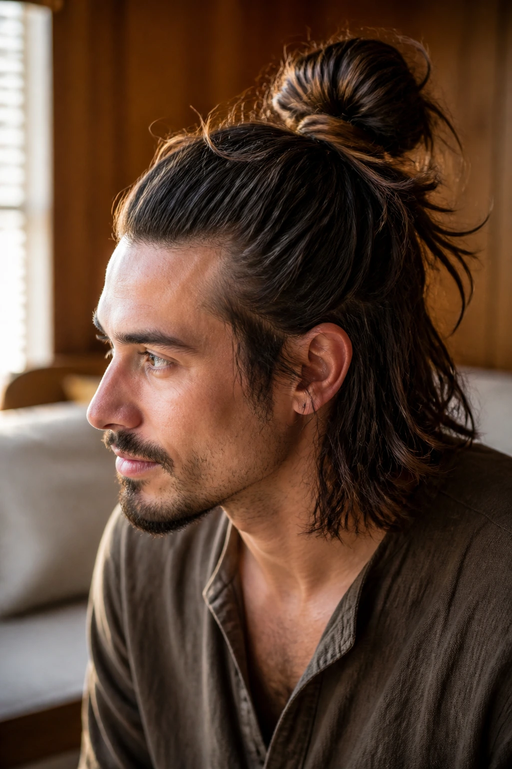Portrait of a man with shoulder-length hair tied into a top knot
