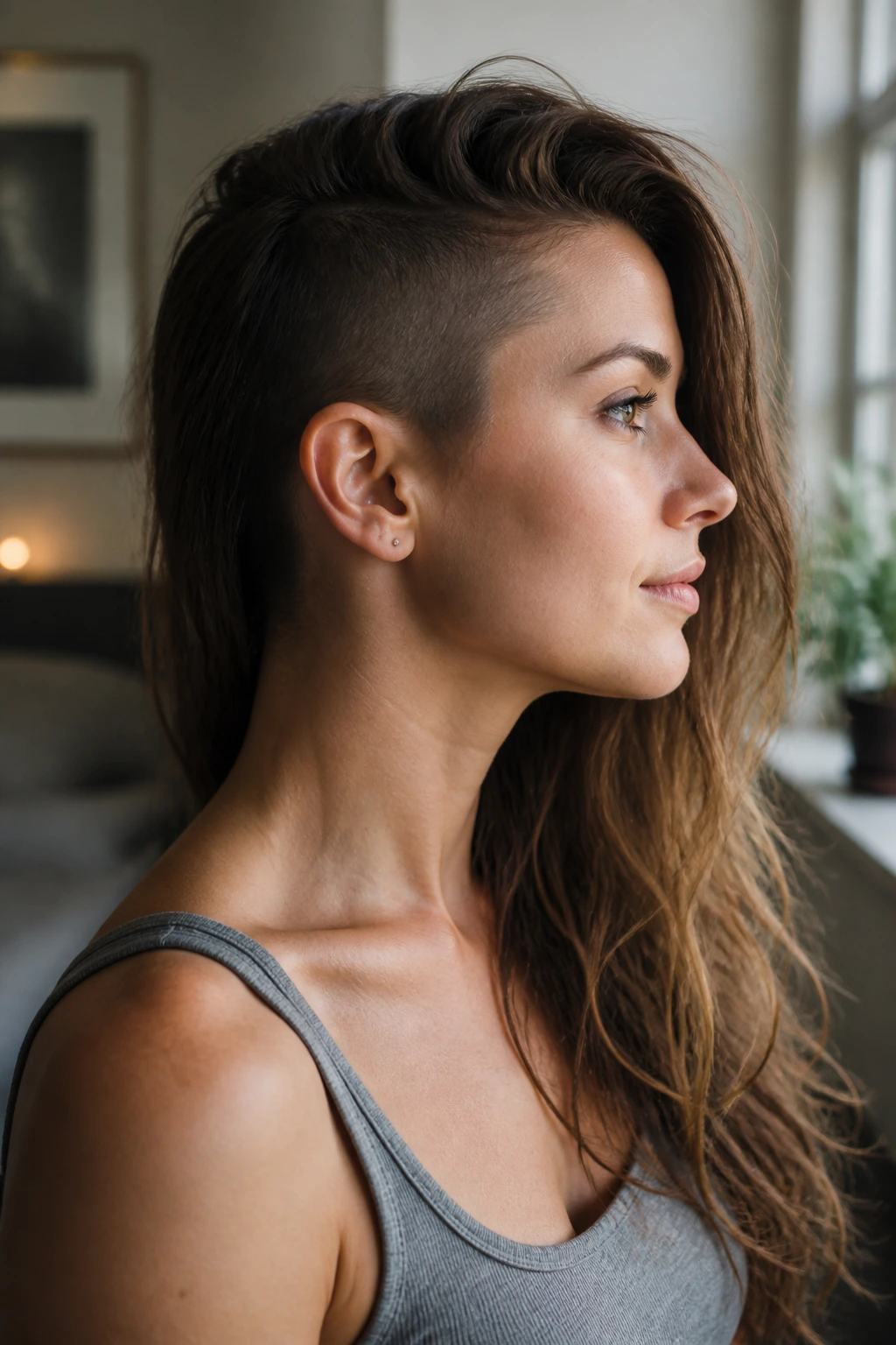 Profile portrait of a woman with long hair and a subtle temple undercut