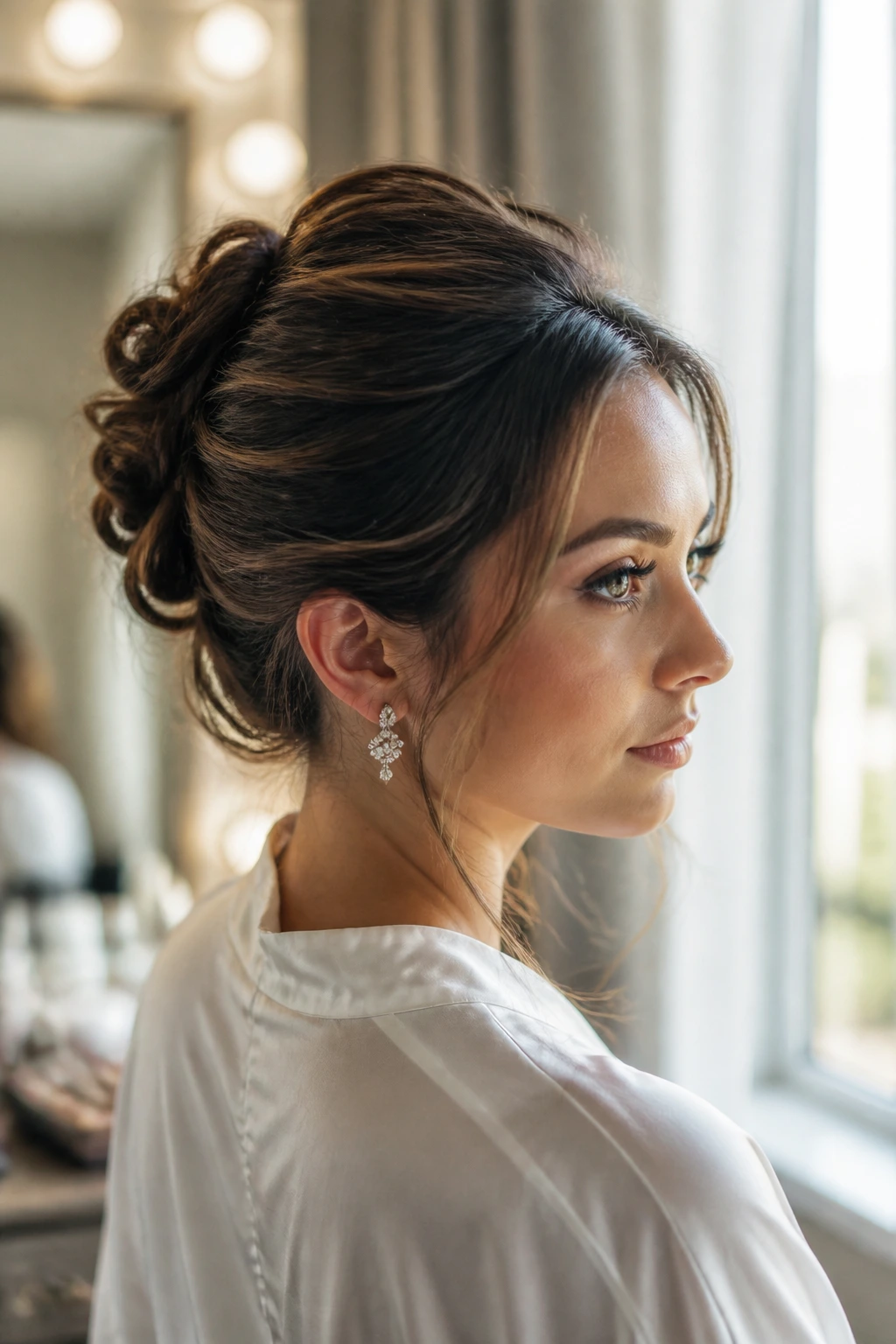 Close-up portrait of a real person with a long-hair updo anchored at crown and nape