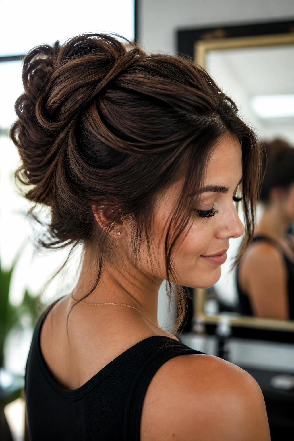 Close up showing long hair weight and texture in updo strategy.