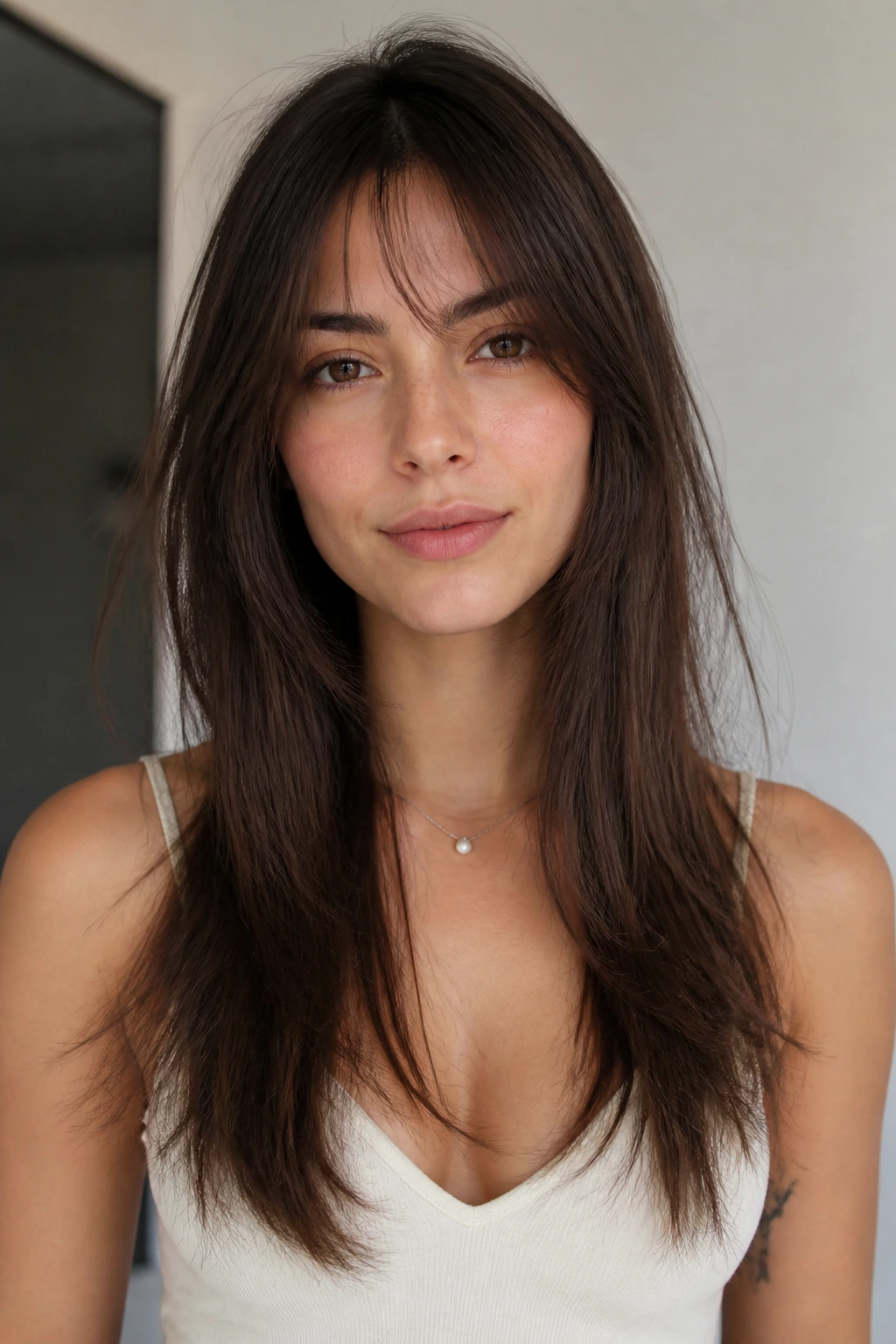 Close-up of a real woman with long V-cut and barely-there bangs
