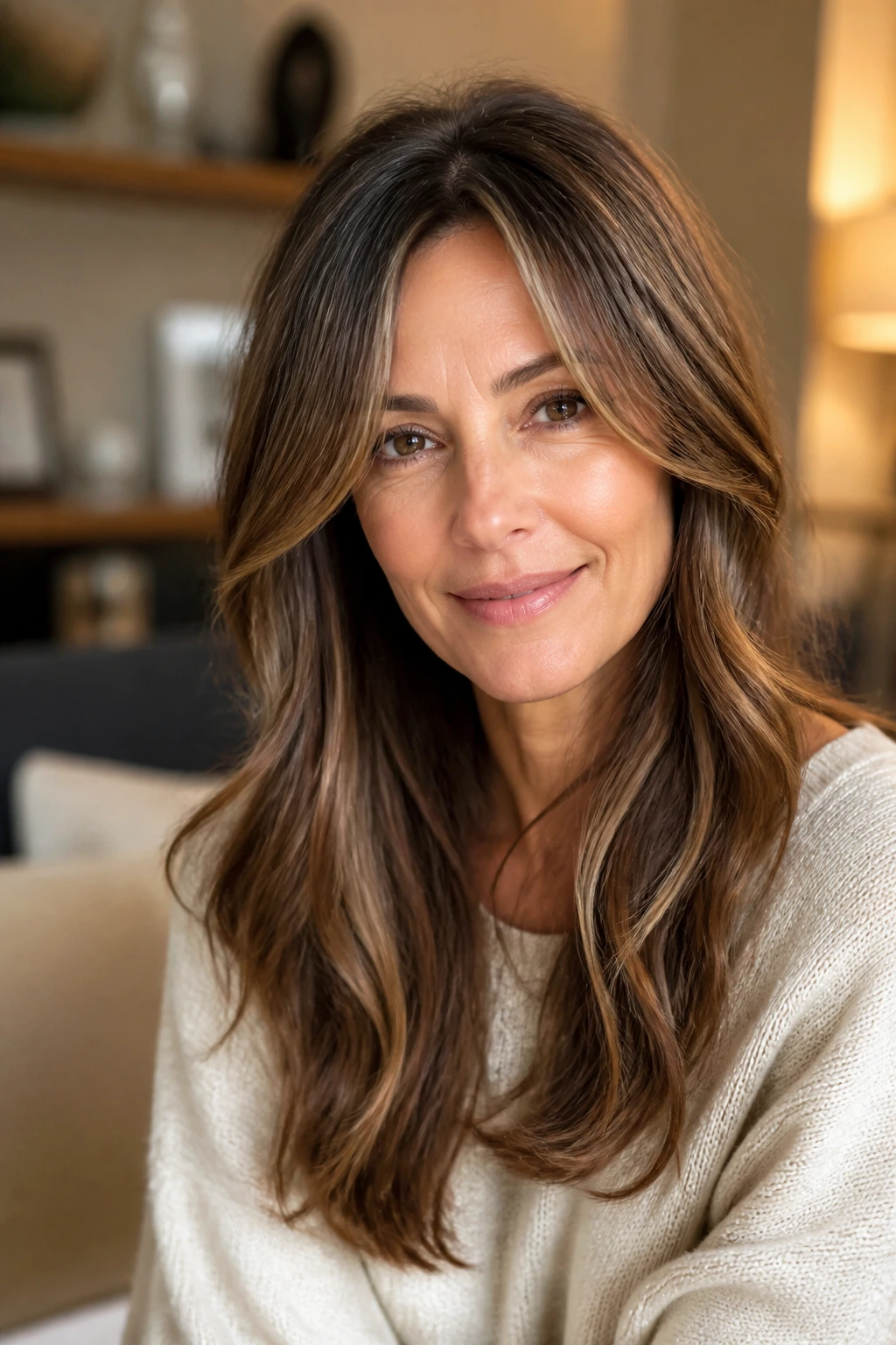 Woman with long hair featuring a side-part and curtain bangs