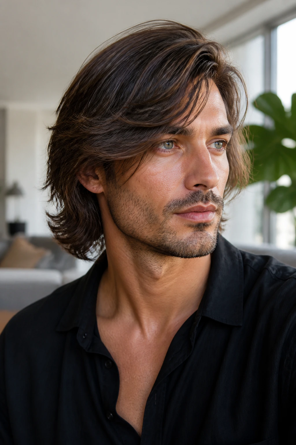Man with long hair showing a swept fringe and subtle layers in a bright living room