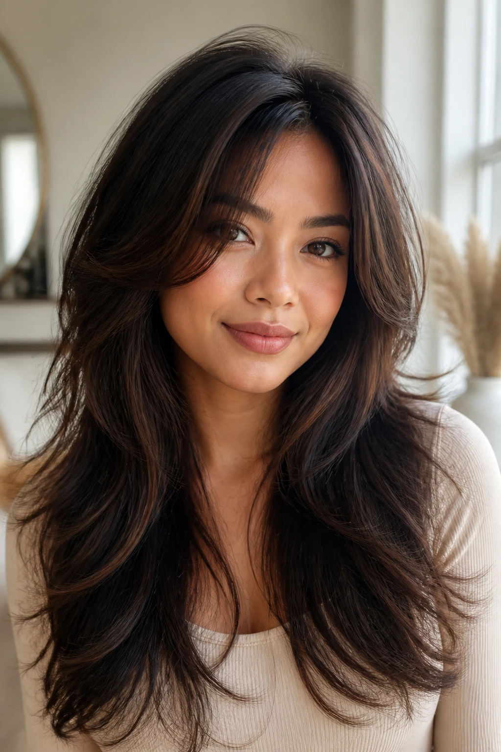 Portrait of a woman with long layered hair showing texture variation across hair types