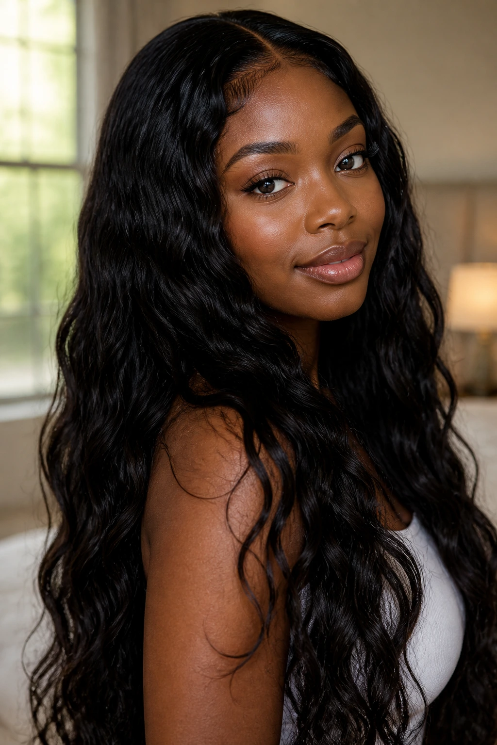 Close-up of a Black woman with long, flowing wavy hair in warm window light.