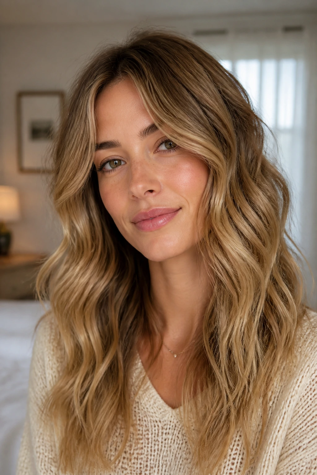 Close-up portrait showing long thin hair styled in wide waves to add width.