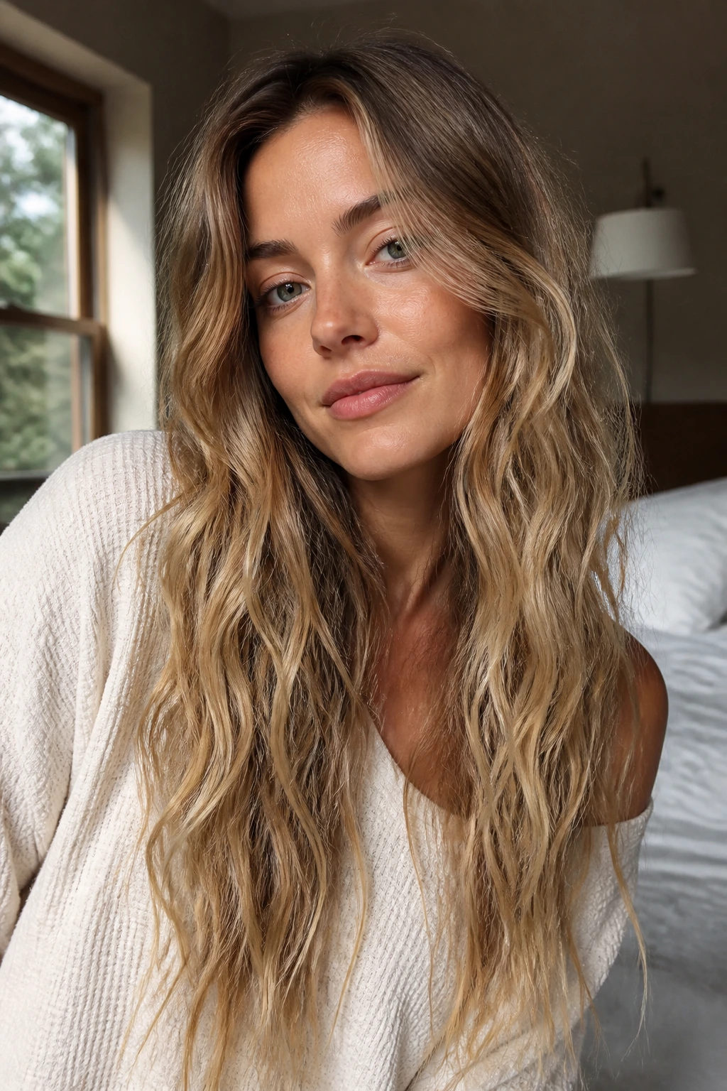 Close-up of a real woman with long, soft beach waves and natural look