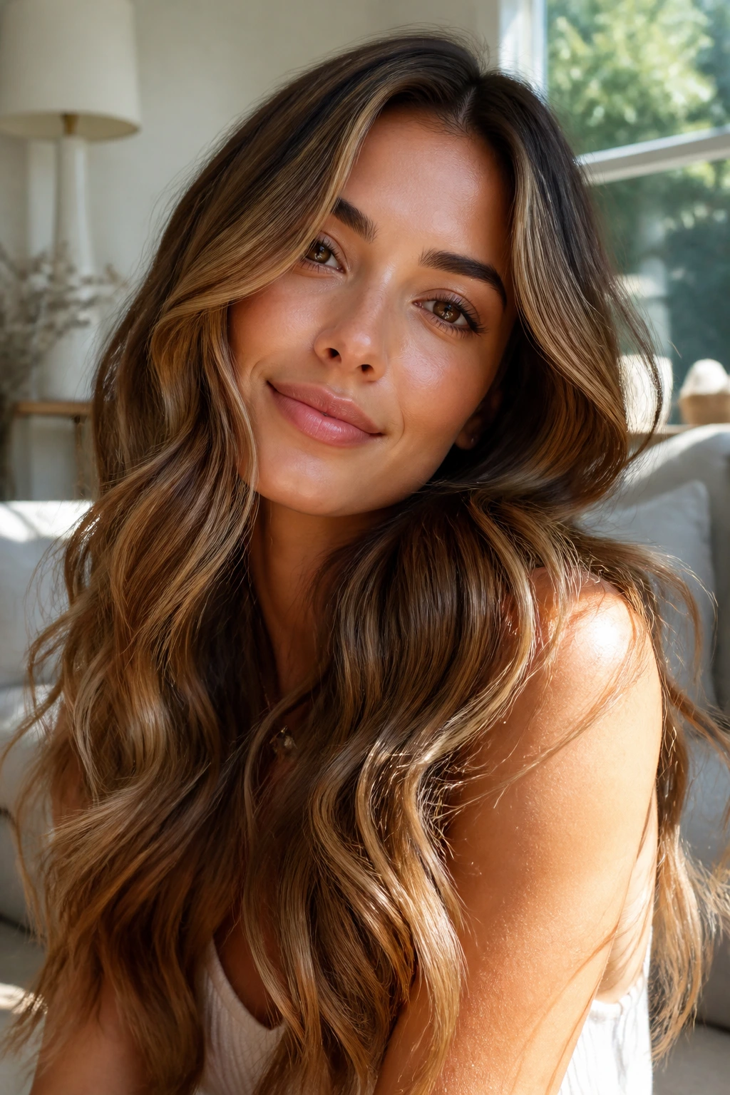 Close-up of a real woman with long, wavy hair filling the frame in a sunlit room