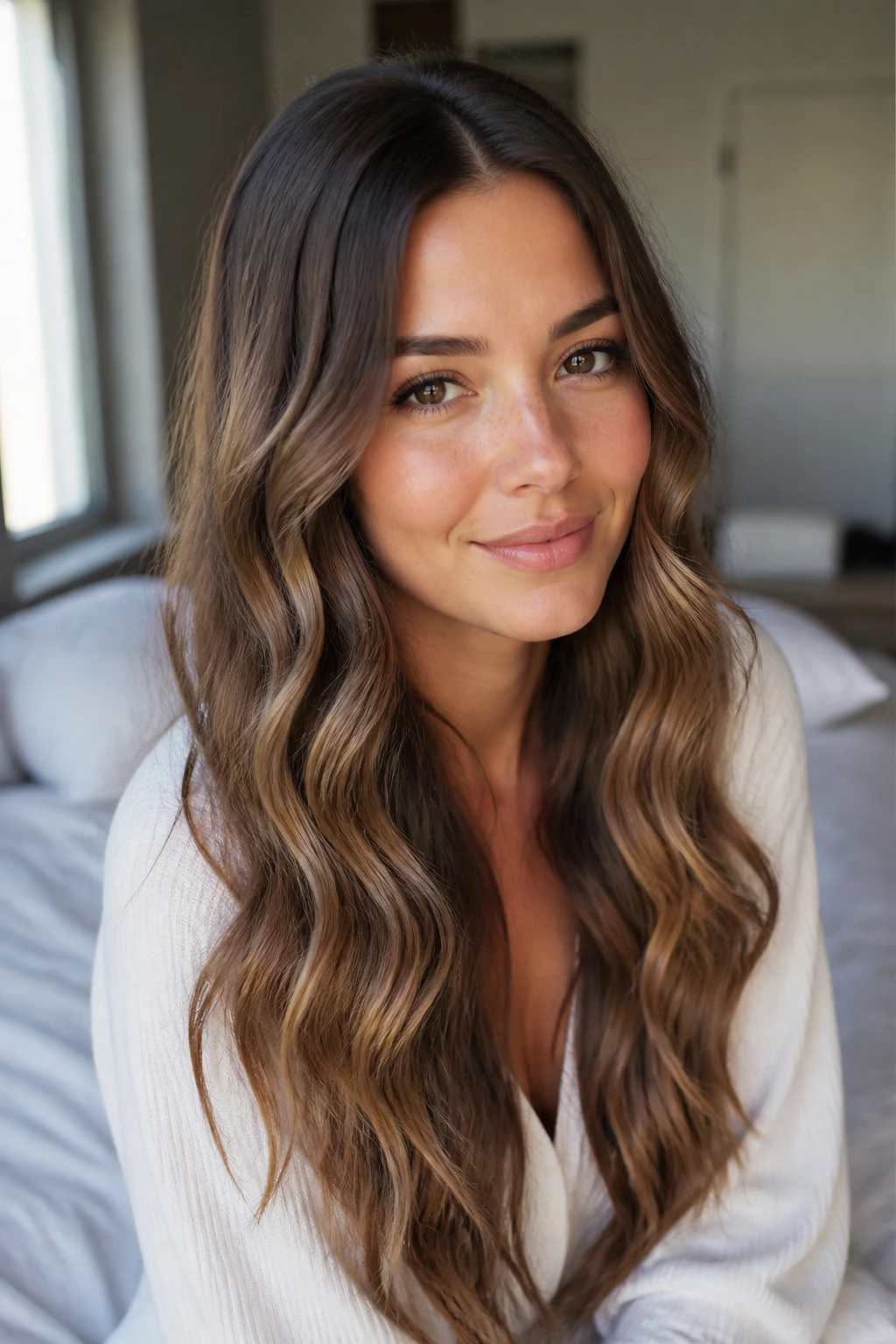 Close-up of a real woman with long wavy hair, crown smooth with defined waves