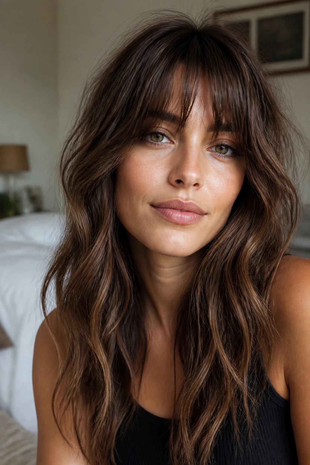 Portrait of a real woman with long wavy hair and choppy bangs in soft window light