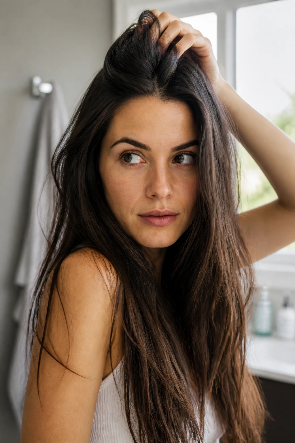 Close-up portrait of a real woman with long hair showing weight and crown lift