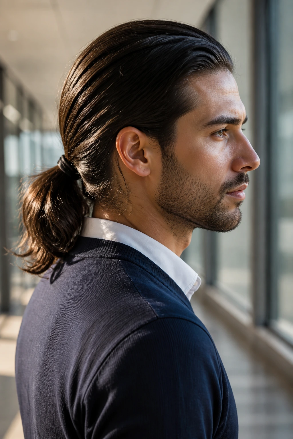 Man with long hair in a low ponytail in a modern office setting