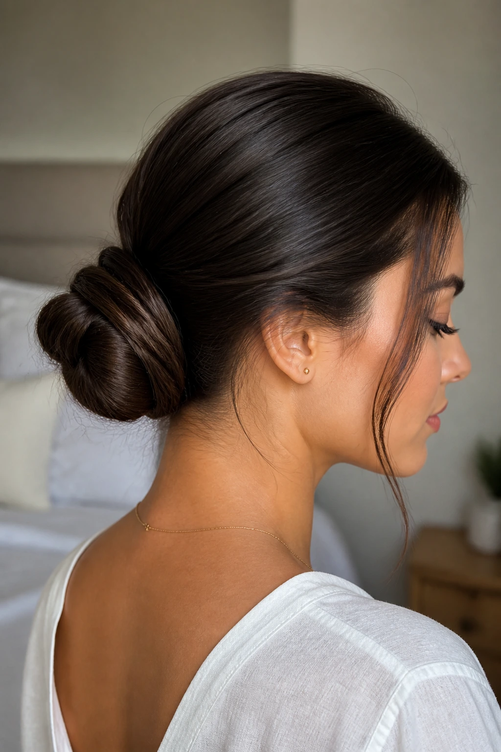 Medium close-up of a real woman with a long-hair wrapped bun at the base of a ponytail.