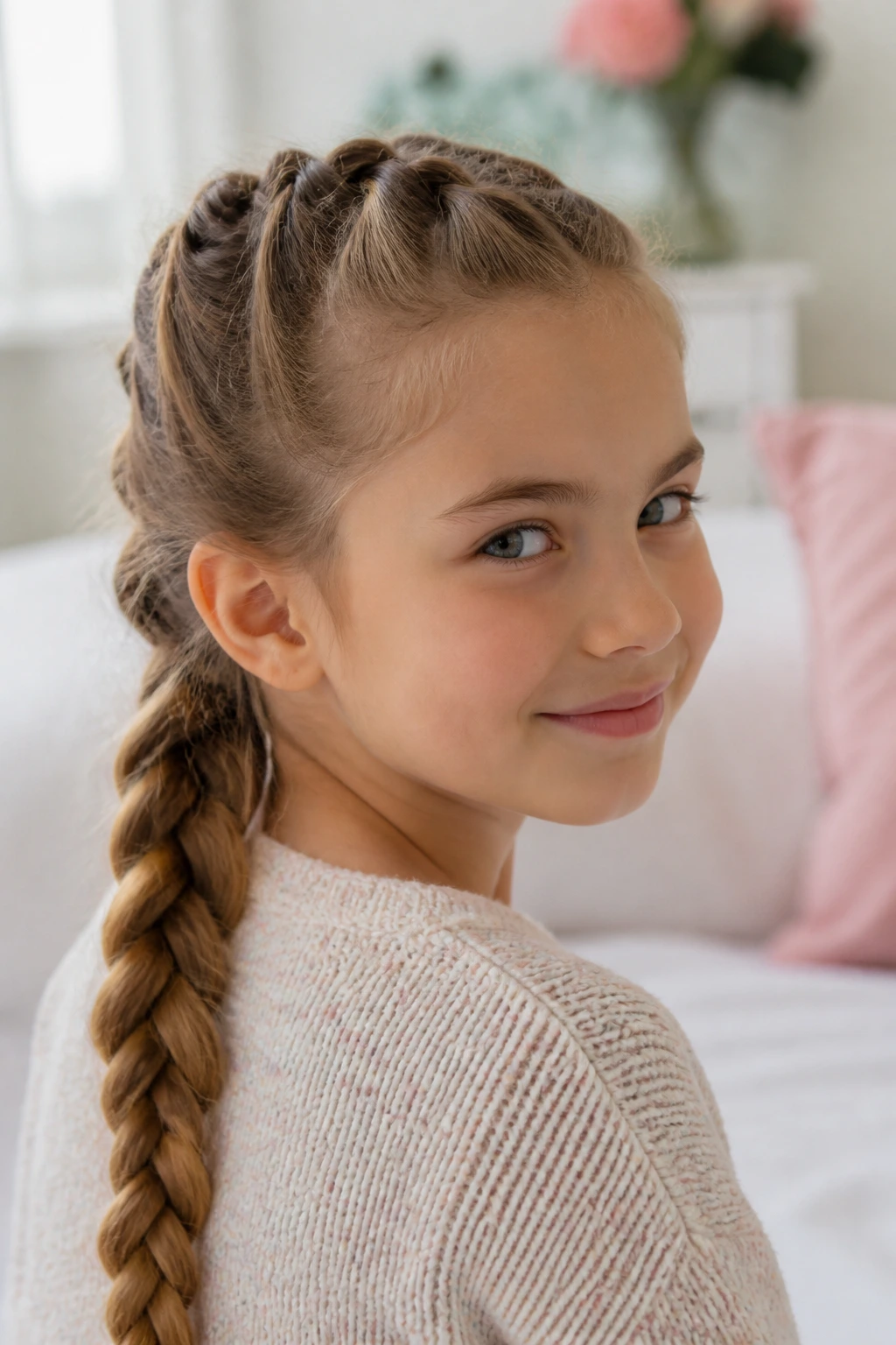 Close-up of a little girl with a neat long braided hairstyle in a softly lit room