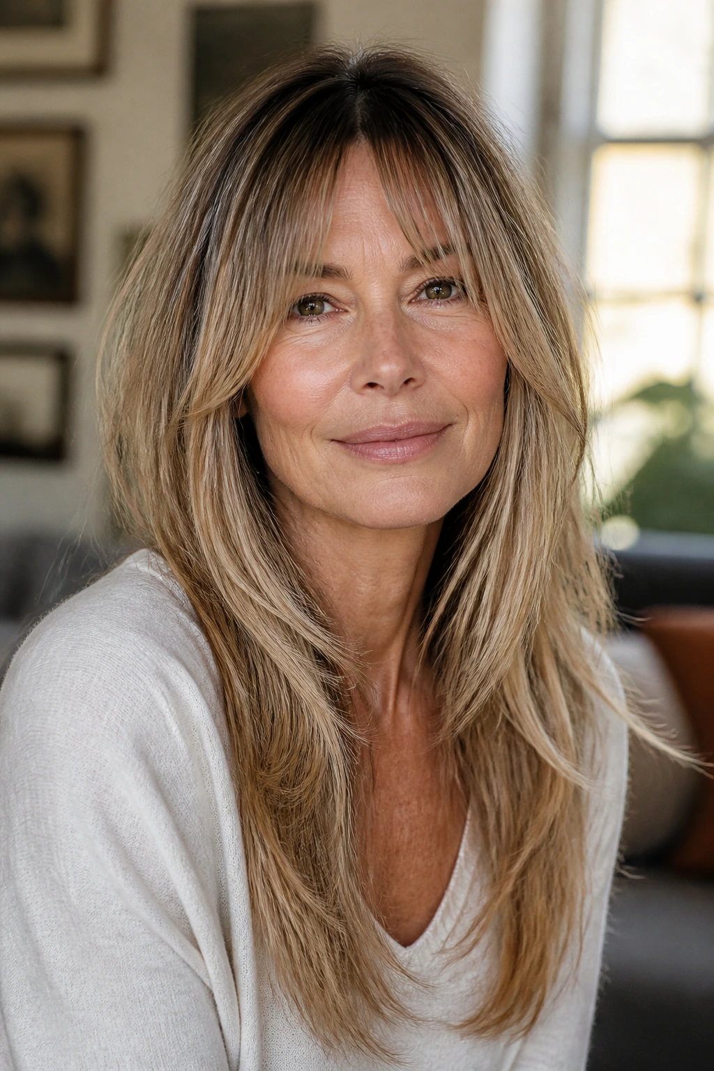 Portrait of a real woman with long layered hair and curtain bangs in warm window light