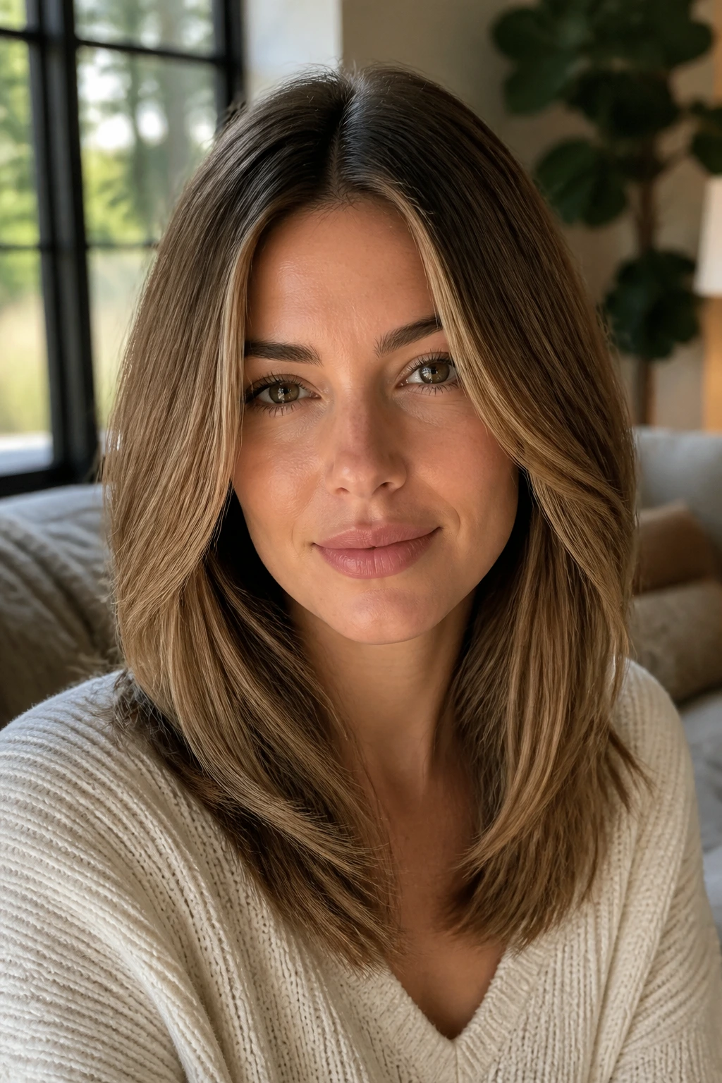 Portrait of a woman with long internal layers in a long bob, center part, soft light.