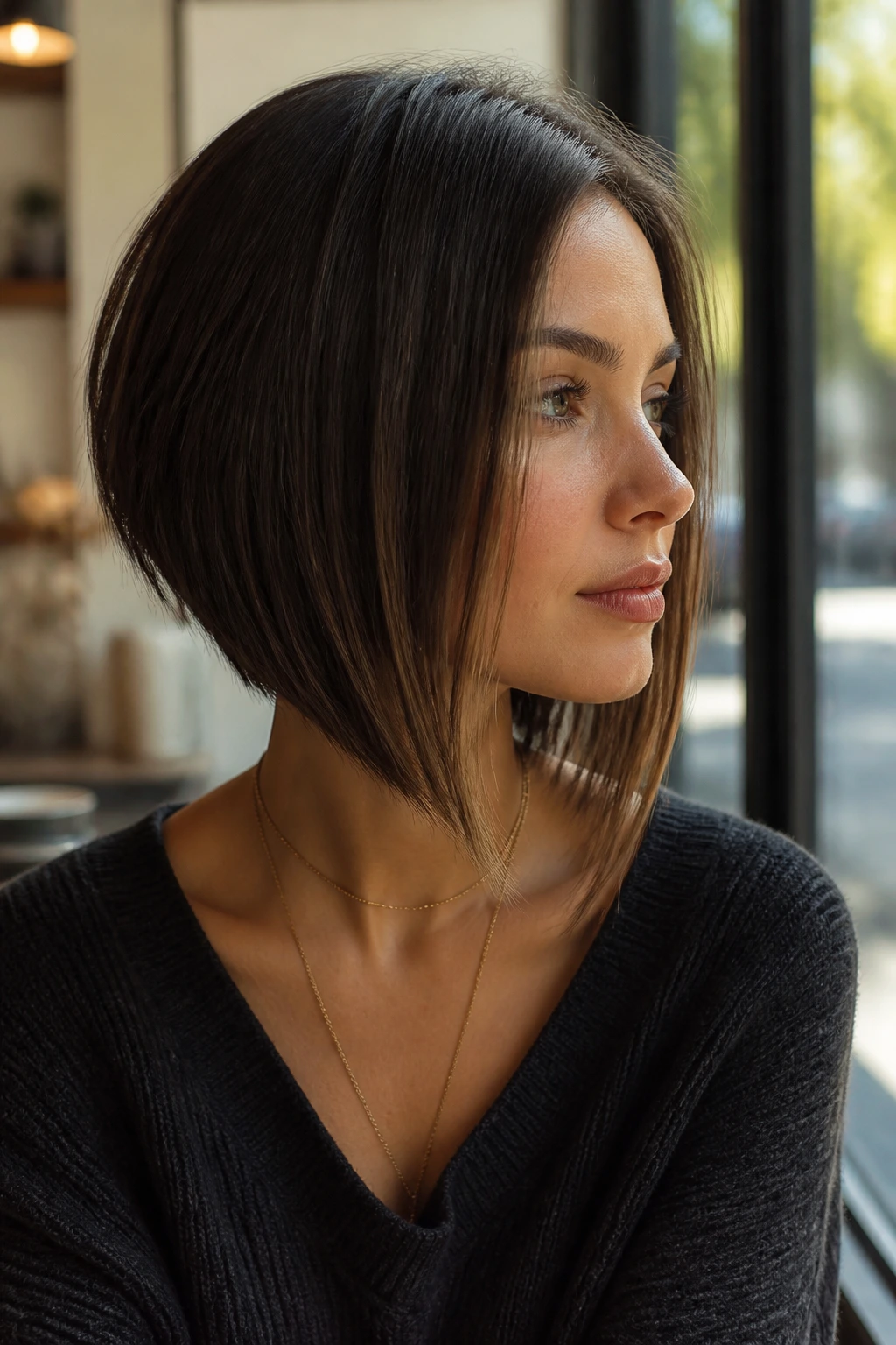 Close-up of a real woman with a long inverted bob skimming the collarbone in sunlit cafe light
