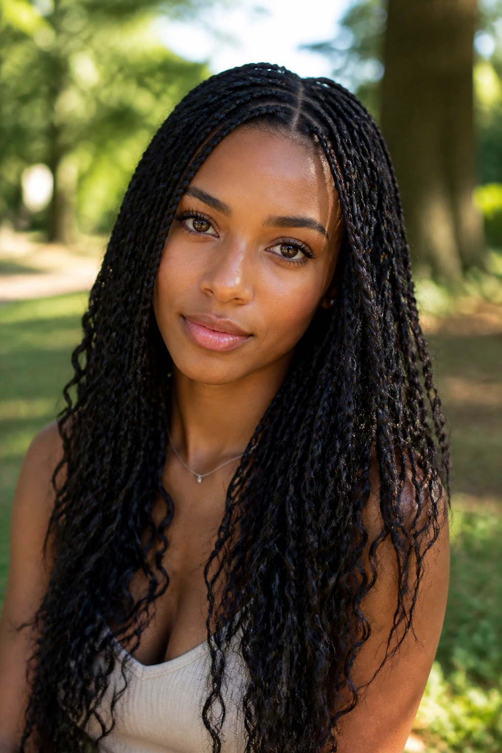 Long knotless braids with fine partings and soft curls