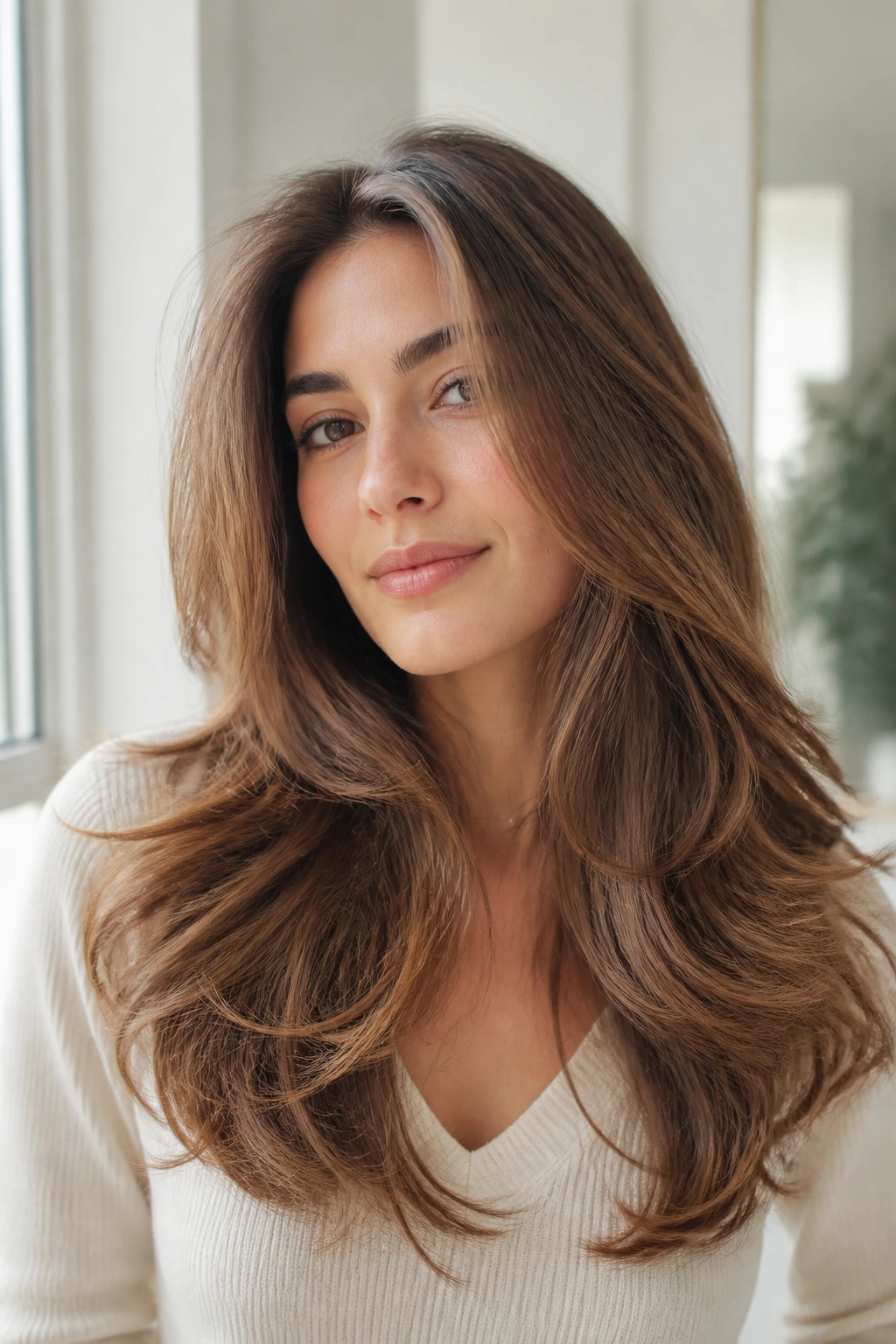 Close-up of a real woman with long layered hair showing movement