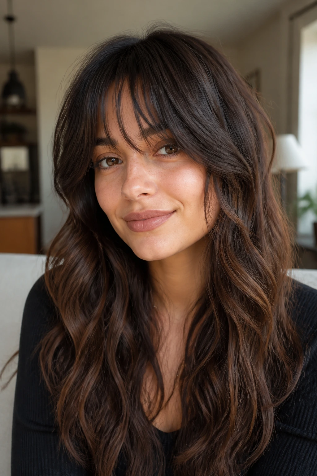 Close-up of a real woman with a long-layer blended fringe blending into front layers.