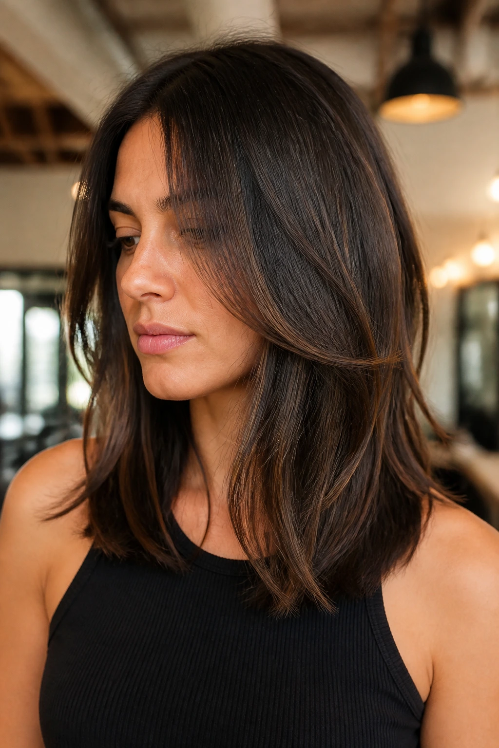 Close-up of real woman with long-layer lob for heavy hair