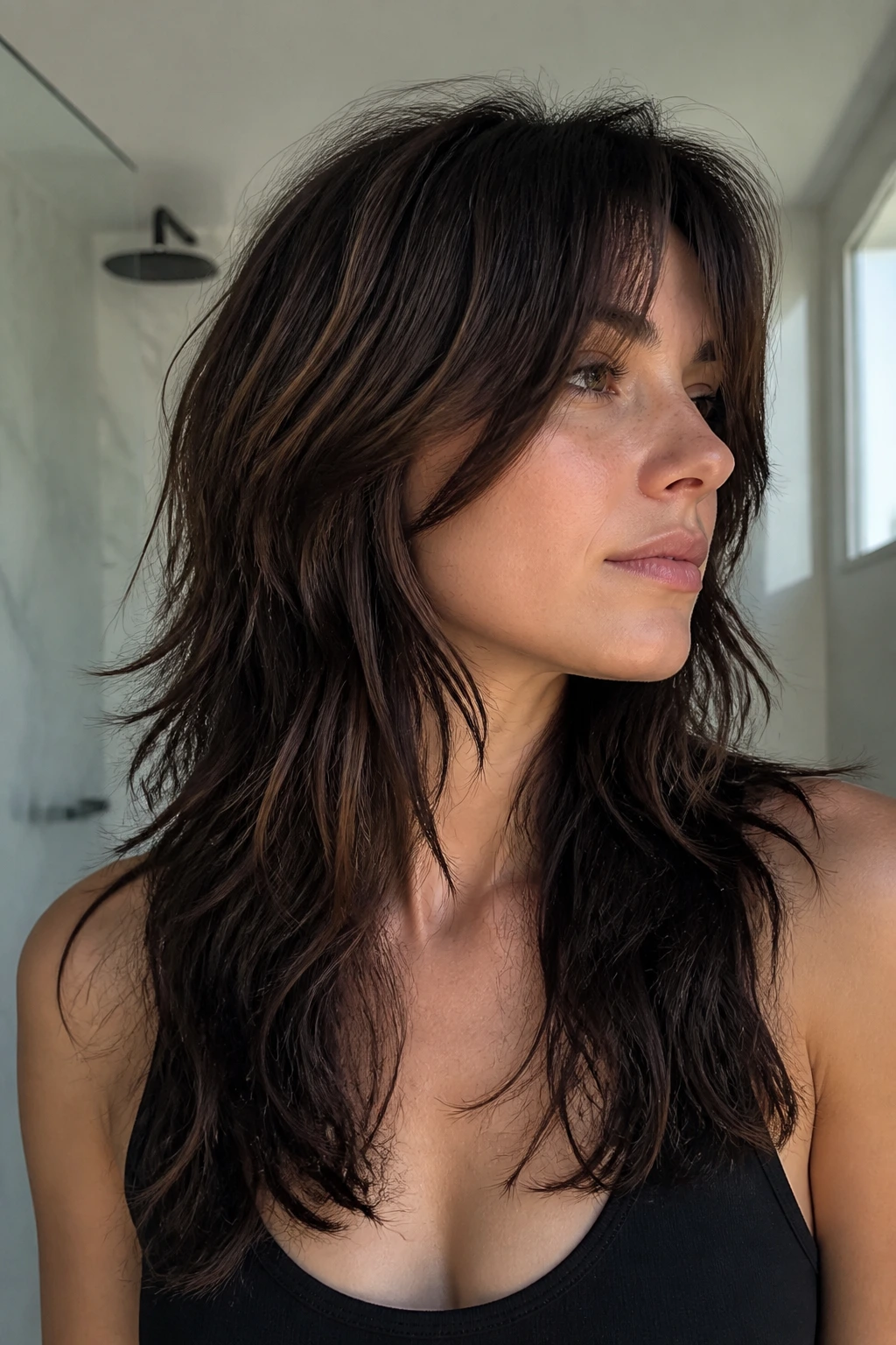 Portrait of a real person with long-layer shag and front pieces under the cheekbone in a bright bathroom
