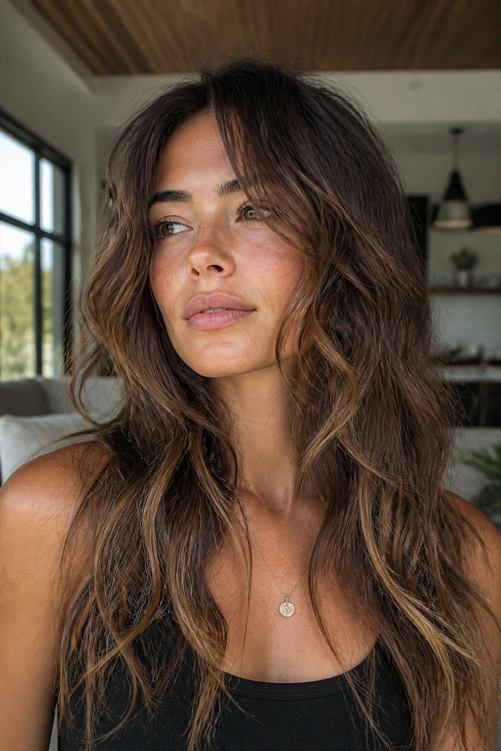 Close-up of a real woman with visible long layers in wave pattern