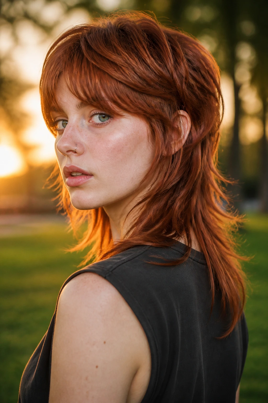 Close-up portrait of a real person with long layered auburn mullet in golden hour light