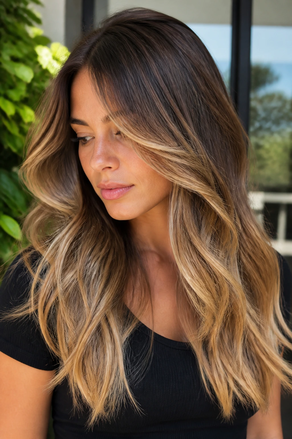 Close-up of a real woman with long layered balayage showing movement