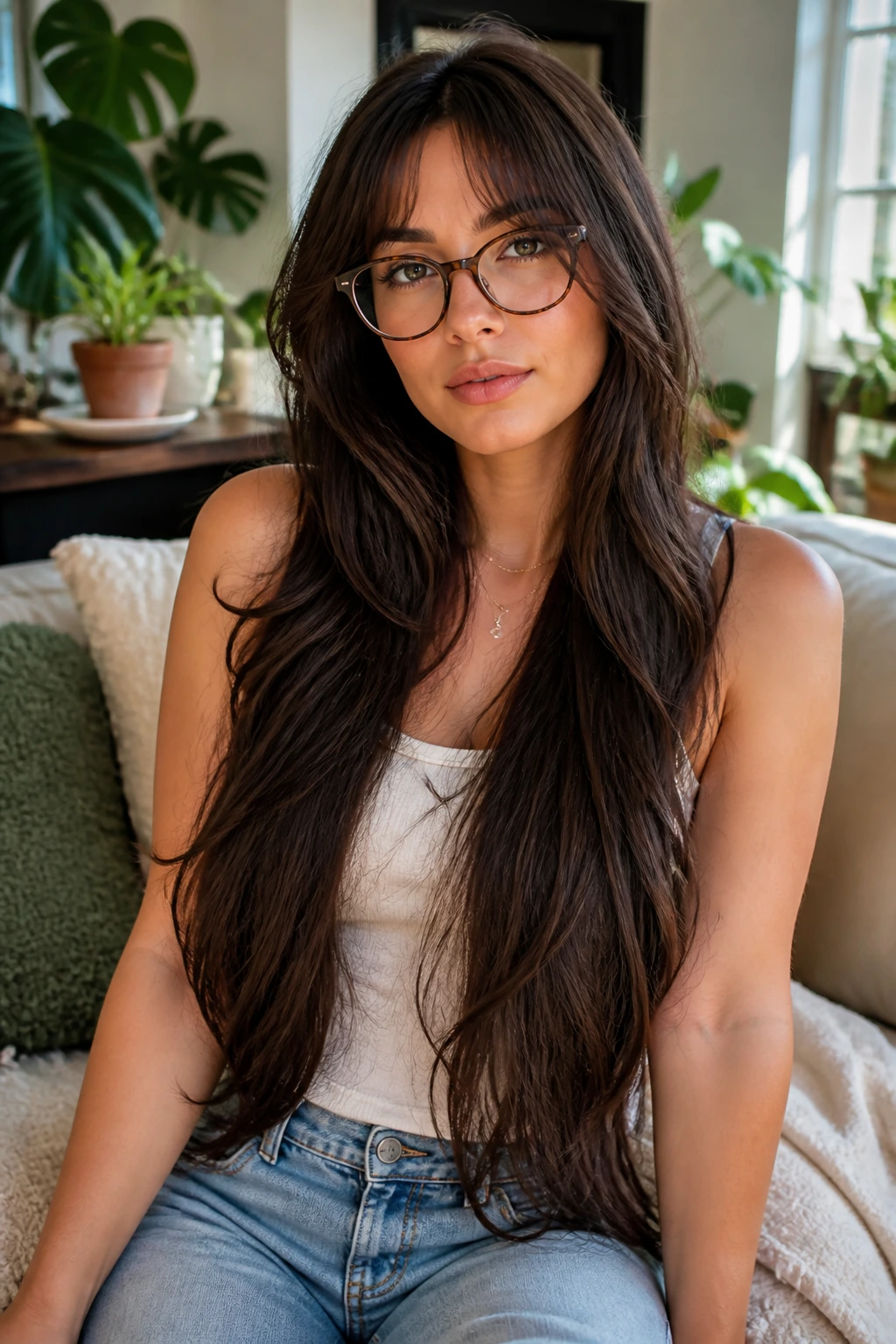 Portrait of a real woman with long layered curtain bangs and glasses in a cozy living room