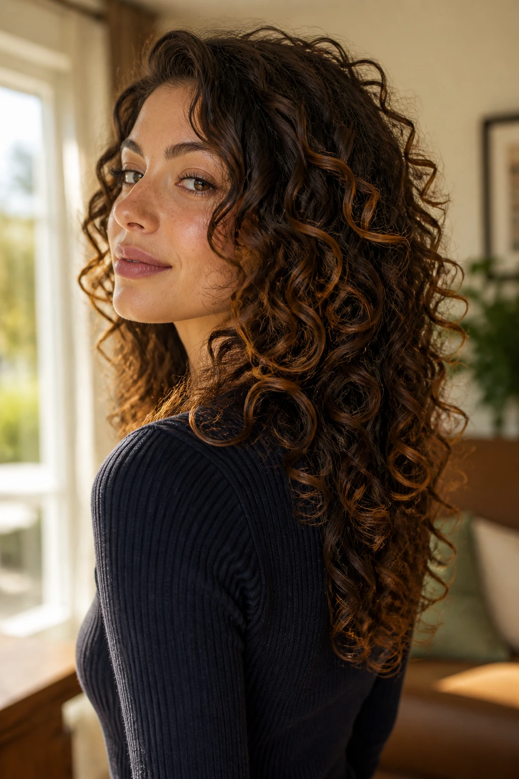 Real person with long stacked layers in a cozy indoor setting