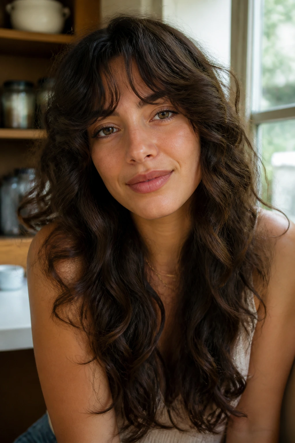 Close-up portrait of a real person with long layered curls and grown-out bangs