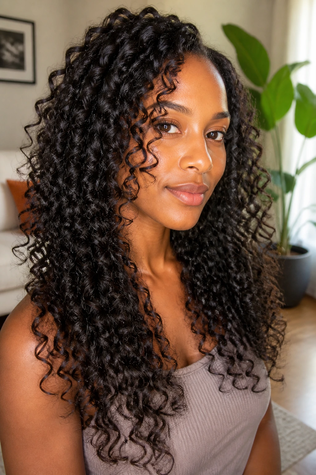 Close-up of a real woman with long layered spiral curls