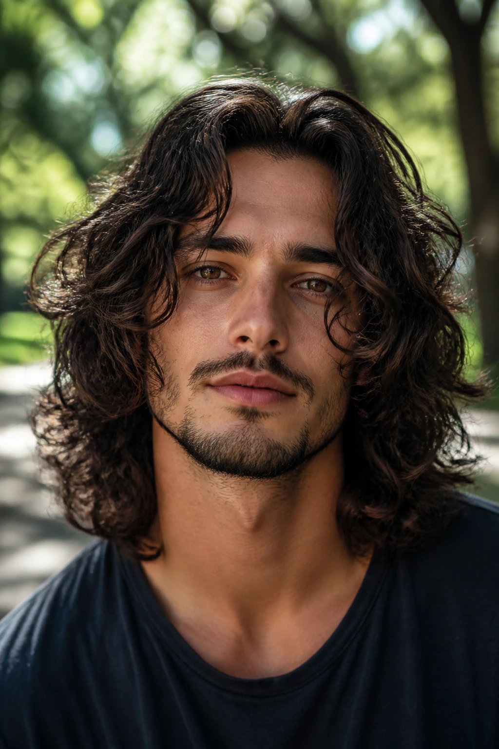 Close-up of a person with shoulder-length layered curls outdoors